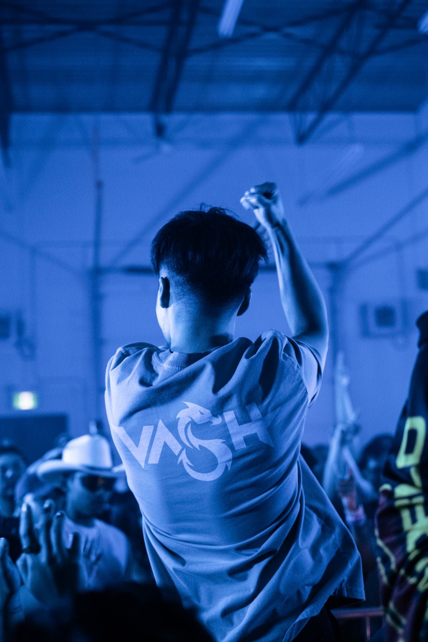 A DJ seen from behind, one arm raised, room washed blue